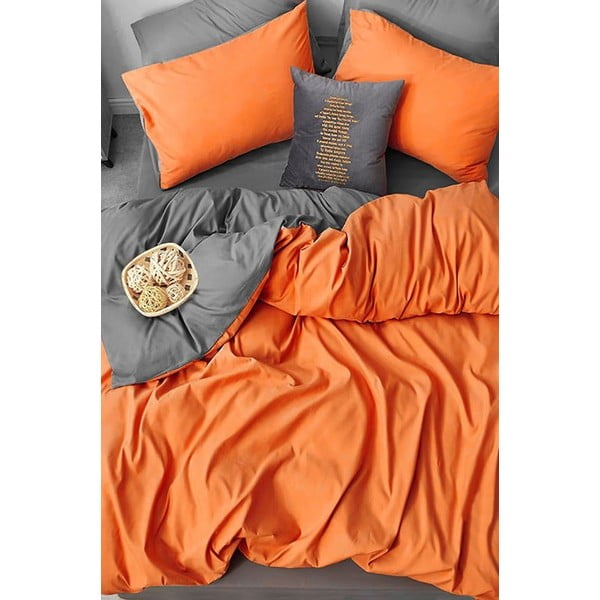 Oranža/pelēka divguļamā kokvilnas gultas veļa ar palagu 200x220 cm – Mila Home