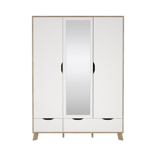 Balts/dabīga toņa drēbju skapis ar ozolkoka imitāciju un spoguli 147x201x58 cm Ikast – Tvilum