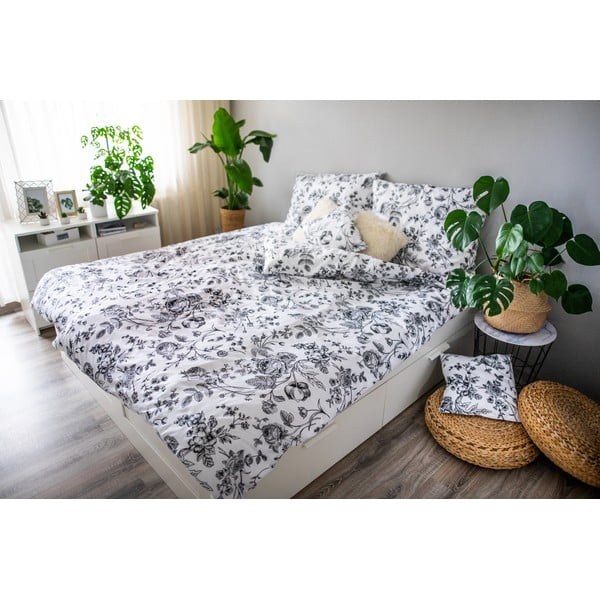 Melnbalta kokvilnas satīna gultasveļa ar 2 spilvenu pārvalkiem Cotton House Flower, 140 x 200 cm