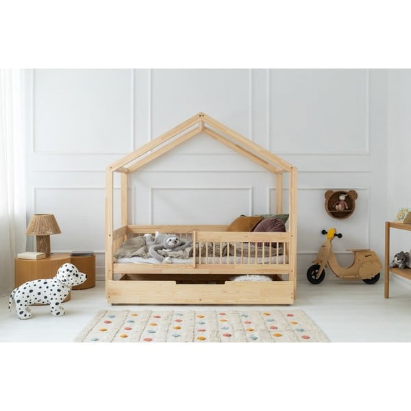 Dabīga toņa priedes masīvkoka bērnu gulta mājas formā/izvelkama ar veļas kasti 80x160 cm Mila RMW – Adeko