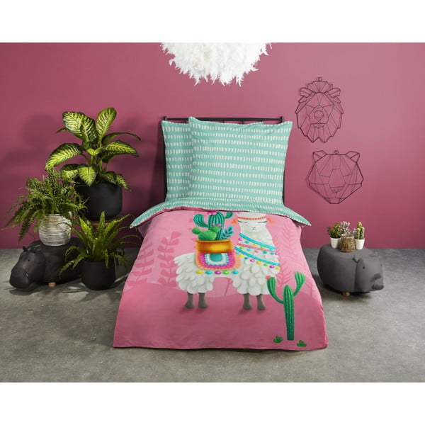 Rozā/tirkīzzila vienguļamā kokvilnas bērnu gultas veļa 140x200 cm Lalama – Good Morning-image-1