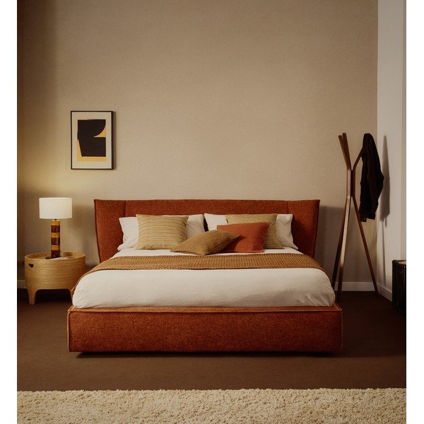 Terakotas oranža polsterēta divvietīga gulta no šenila ar veļas kasti ar redelēm 160x200 cm Arvian – Kave Home-image-1
