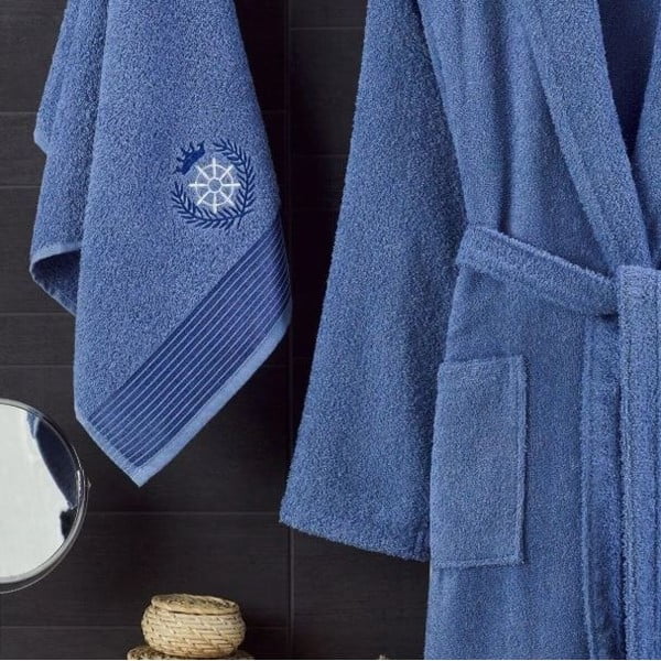 Zils kokvilnas halāta un dvieļa komplekts S/M – Mila Home-image-1