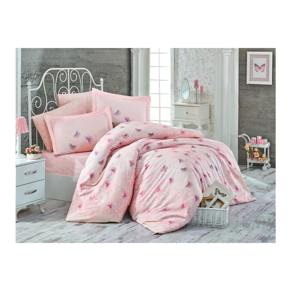 Gaiši rozā gultasveļa ar palagu divguļamai gultai Maria, 200 x 220 cm