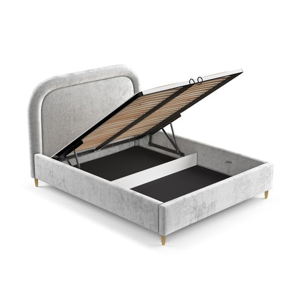 Gaiši pelēka polsterēta divvietīga gulta ar veļas kasti un redelēm 180x200 cm Mija – Maison de Rêve-image-2