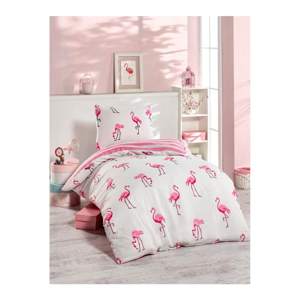 Rozā vienvietīga gultasveļa Jussno Flamingos, 140 x 220 cm