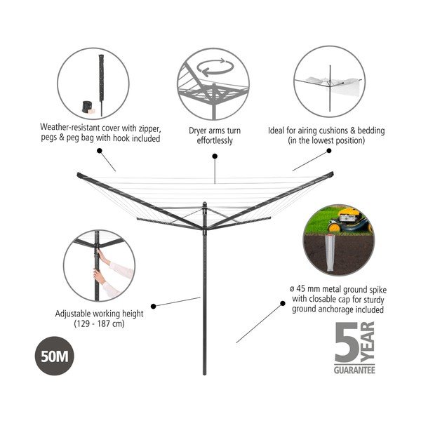Antracīta pelēks dārza veļas žāvētājs 50 m Lift-O-Matic – Brabantia-image-4