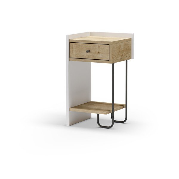 Balts/dabīga toņa naktsskapītis ar ozolkoka imitāciju ar plauktiem Mercure – Marckeric-image-3