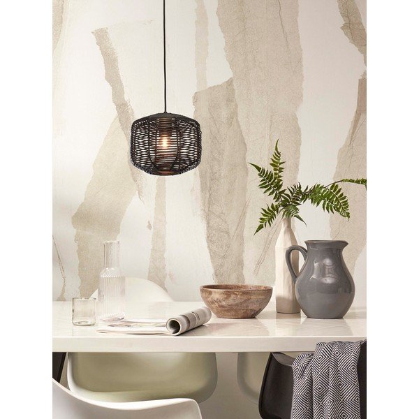 Melna piekaramā lampa ar rotangpalmas abažūru ø 25 cm Tanami – Good&Mojo-image-1