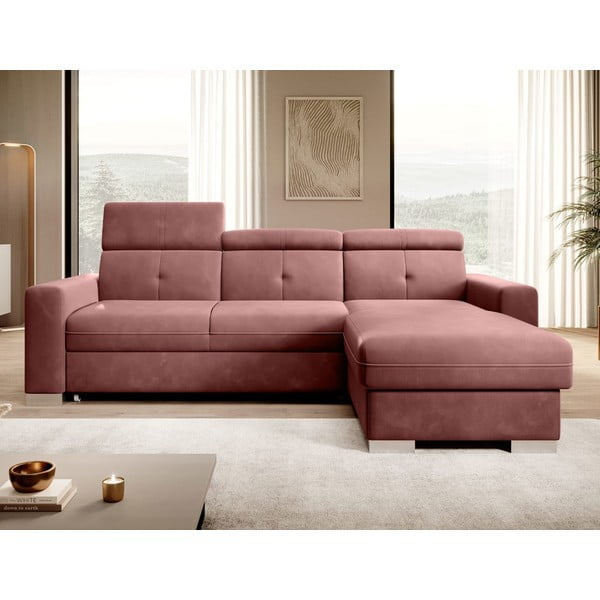 Rozā samta salokāms/ar uzglabāšanas vietu stūra dīvāns (ar labo stūri/ar zvilni) Fresia – ELTAP-image-1