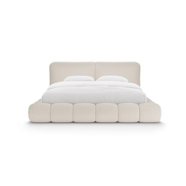 Bēša polsterēta divvietīga gulta ar veļas kasti un redelēm 200x200 cm Solange – Micadoni -image-4