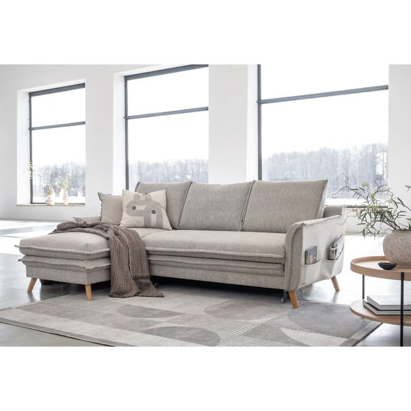 Pelēkbēšs salokāms/ar uzglabāšanas vietu stūra dīvāns (ar kreiso stūri/ar zvilni) Charming Charlie – Miuform-image-3