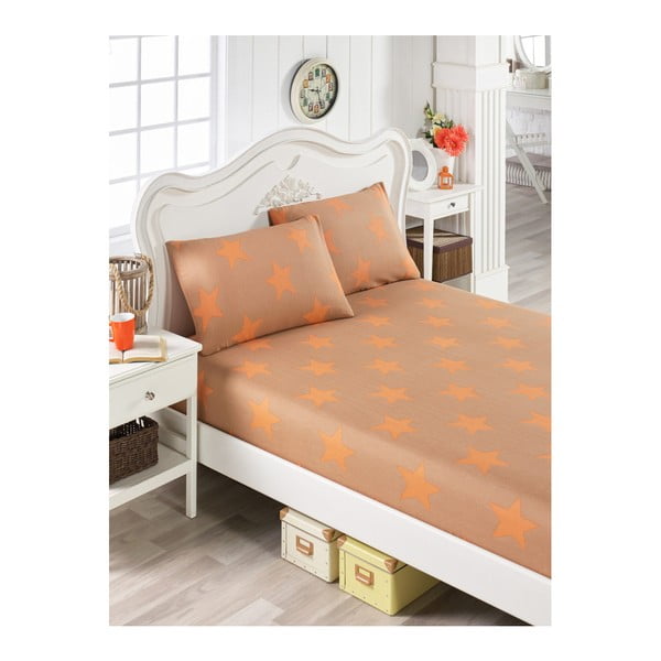Oranžas krāsas kokvilnas gultas pārklāji un 2 spilvendrānas vienvietīgai gultai Stars Lusno, 100 x 200 cm