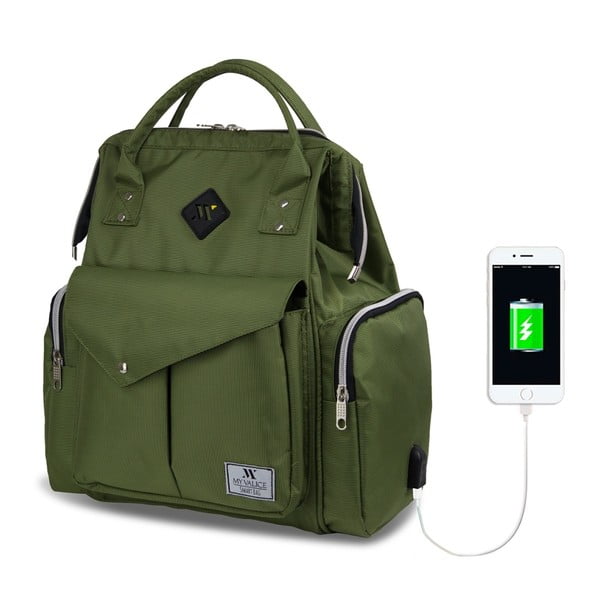Zaļa mugursoma māmiņām ar USB portu My Valice HAPPY MOM Care Backpack