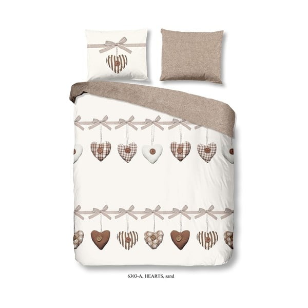 Bēšas un baltas krāsas kokvilnas divvietīga gultasveļa Good Morning Hearts, 200 x 240 cm