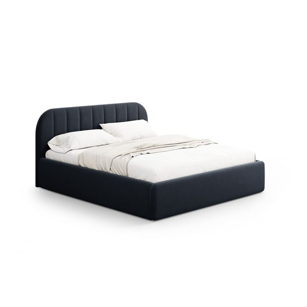 Tumši zila polsterēta divvietīga gulta ar veļas kasti ar redelēm 160x200 cm Juno – Windsor & Co Sofas