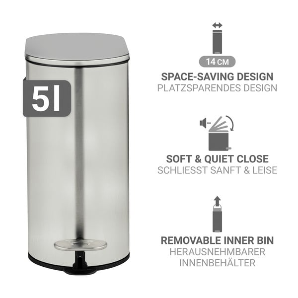 Matētas sudraba krāsas nerūsējošā tērauda atkritumu tvertne ar pedāli 5 l Collungo – Wenko-image-2