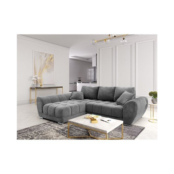 Pelēks samta izvelkamais stūra dīvāns ar veļas kasti Windsor & Co Sofas Nuage, kreisais stūris-image-1