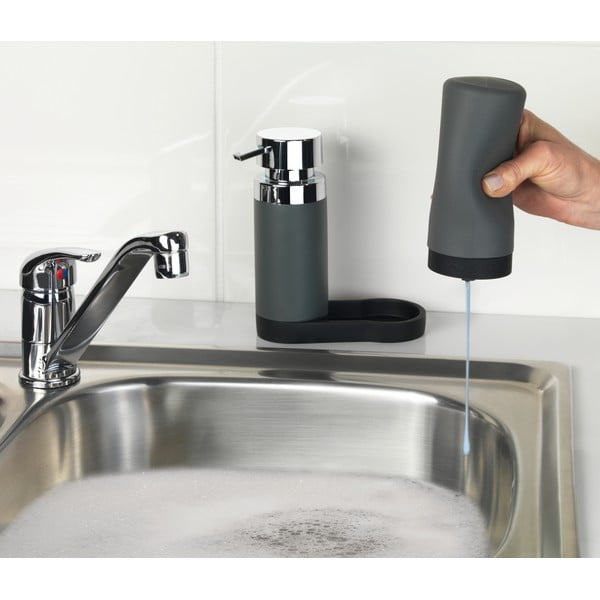 2 pelēku mazgāšanas līdzekļu dozatoru komplekts ar paliktni Wenko Squeeze, 250 ml-image-1