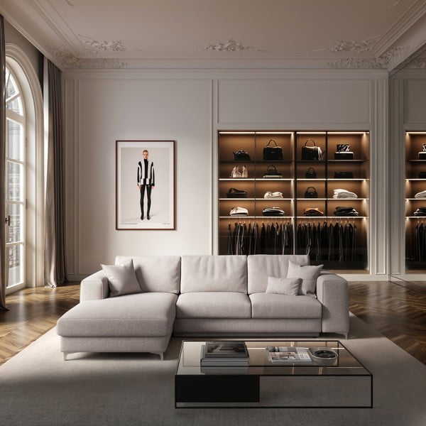 Gaiši pelēks salokāms stūra dīvāns ar uzglabāšanas vietu no buklē auduma (ar kreiso stūri/ar zvilni) Rene – Rodier-image-1