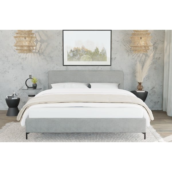 Gaiši pelēka polsterēta divvietīga gulta ar redelēm 140x200 cm Barker – Ropez-image-3