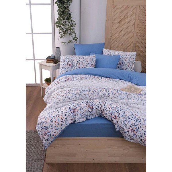 Balta/zila divguļamā gultas veļa ar palagu 200x220 cm Geometric – Mila Home-image-1