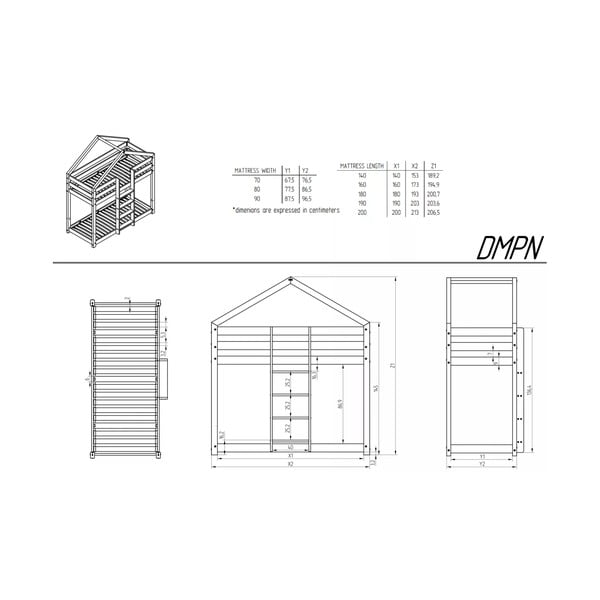 Dabīga toņa bērnu gulta mājas formā/divstāvu ar redelēm 80x160 cm DMPN – Adeko-image-2