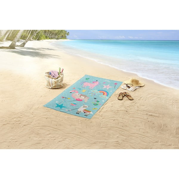 Zils bērnu samta pludmales dvielis 75x150 cm Moody – Good Morning-image-1