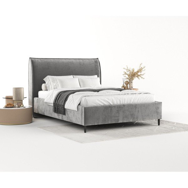 Pelēka polsterēta divvietīga gulta ar veļas kasti un redelēm 160x200 cm Shell – Maison de Rêve-image-1