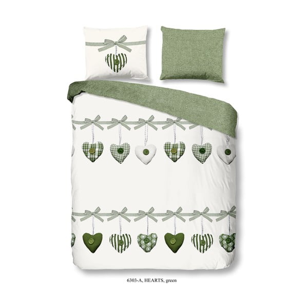 Zaļa un balta kokvilnas gultasveļa Good Morning Hearts, 200 x 200 cm