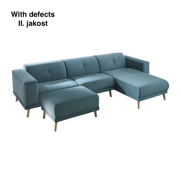 Zils stūra dīvāns ar kāju balstu Bobochic Paris Luna, labais stūris, 308 cm