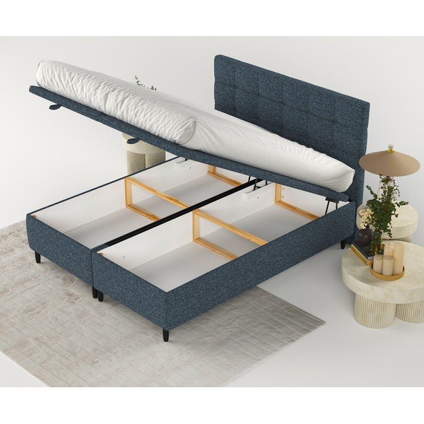 Tumši zila polsterēta divvietīga gulta ar veļas kasti 180x200 cm Senses – Maison de Rêve-image-2