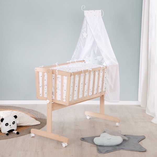 Dabīga toņa dižskābarža masīvkoka šūpulītis ar riteņiem/ar baldahīnu 40x90 cm – Roba-image-4