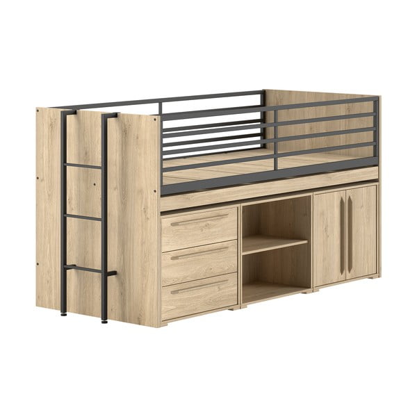 Dabīga toņa paaugstināta bērnu gulta ar veļas kasti un redelēm 90x200 cm Sam – Vipack