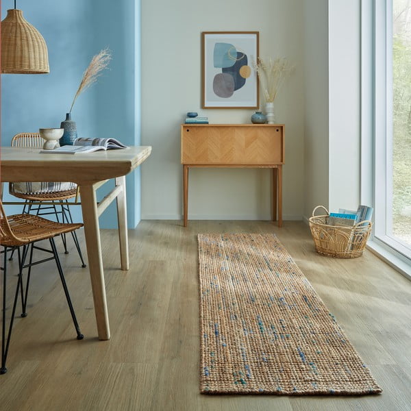 Zils/dabīga toņa ar rokām darināts džutas celiņa paklājs 60x230 cm Jute Boucle Blue – Flair Rugs-image-1