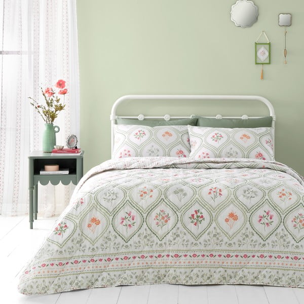 Zaļš/krēmkrāsas gultas pārklājs divguļamai gultai 220x230 cm Cameo Floral – Catherine Lansfield