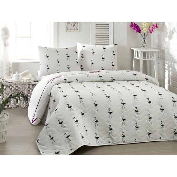 Stepēts viegls gultas pārklājs ar spilvendrānām Flamingo White, 200 x 220 cm