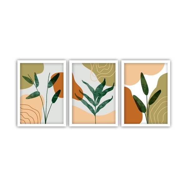 3 gleznu komplekts baltā rāmī Vavien Artwork Leaves, 35 x 45 cm