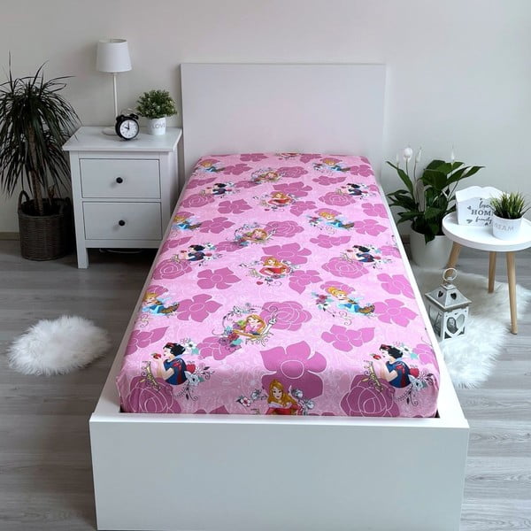 Rozā kokvilnas bērnu palags ar gumiju 90x200 cm The Pincesses "Pink" – Jerry Fabrics-image-1