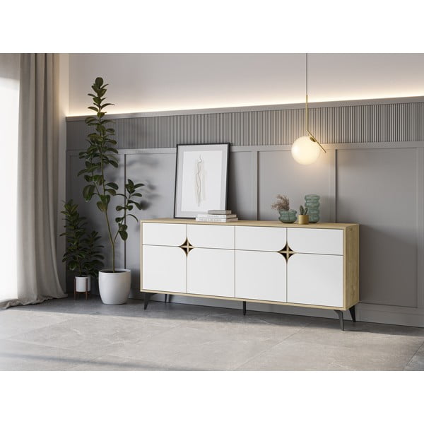 Balta/dabīga toņa zema kumode ar ozolkoka imitāciju 185x79 cm Nola – Marckeric-image-1