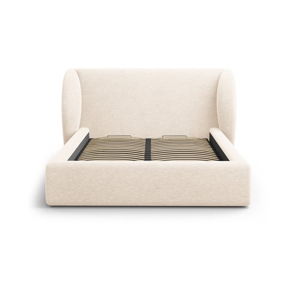 Krēmkrāsas polsterēta divvietīga gulta ar veļas kasti un redelēm 180x200 cm Miley – Micadoni -image-4