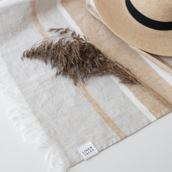 Bēšs lina pludmales pleds 140x170 cm Allure Stripe – Linen Tales-image-3