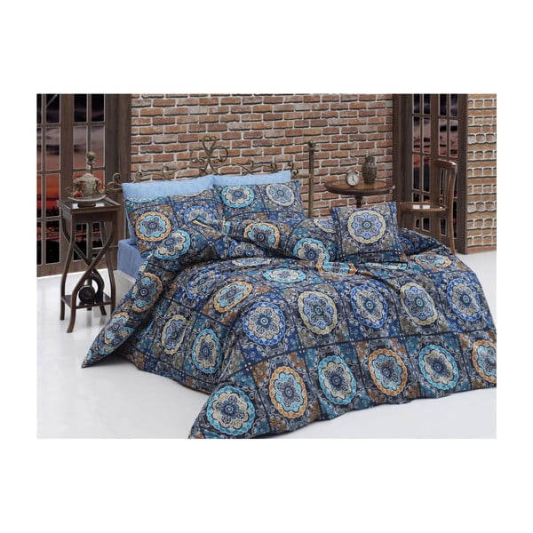 Zila kokvilnas gultasveļa ar palagu vienvietīgai gultai Mandala, 140 x 200 cm