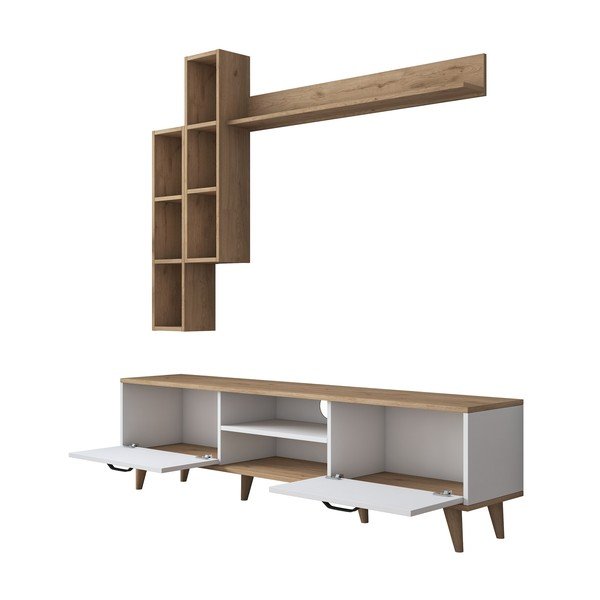 Balts/dabīga toņa TV plauktu komplekts no riekstkoka imitācijas 180x48 cm Veronica – Kalune Design-image-3