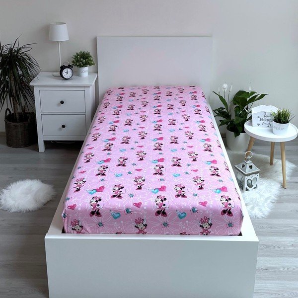 Rozā kokvilnas bērnu palags ar gumiju 90x200 cm Minnie "Flowers" – Jerry Fabrics-image-1