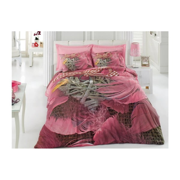 Rozā kokvilnas gultasveļa ar palagu divguļamai gultai Barbara, 200 x 220 cm