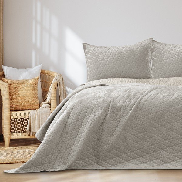 Pelēkbēšs samta stepēts gultas pārklājs 240x260 cm Laila – Restilo-image-1