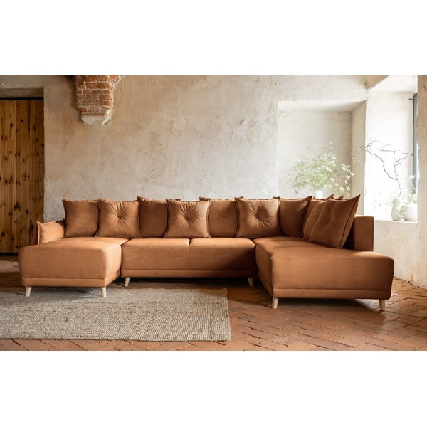 Ķieģeļu sarkans velveta salokāms stūra dīvāns (ar labo stūri/U veida) Lazy Lukka – Miuform-image-1