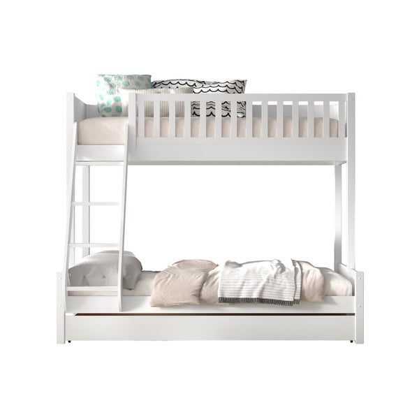 Balta priedes masīvkoka divstāvu bērnu gulta ar veļas kasti 140x200/90x200 cm SCOTT – Vipack