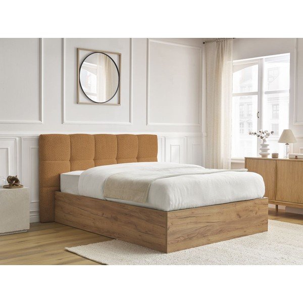 Okera dzeltena polsterēta polsterēta/no skaidu plāksnēm divvietīga gulta ar veļas kasti ar redelēm 160x200 cm Kumo – Bobochic Paris-image-2
